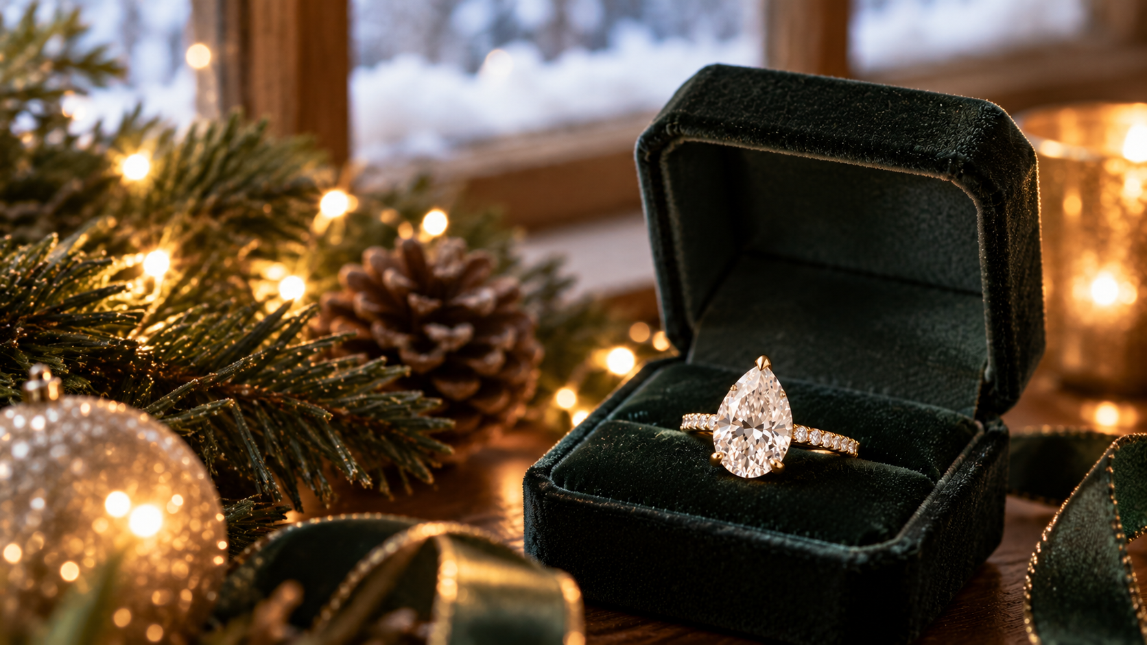 Pear-shaped diamond engagement ring in an open ring box by Christmas lights