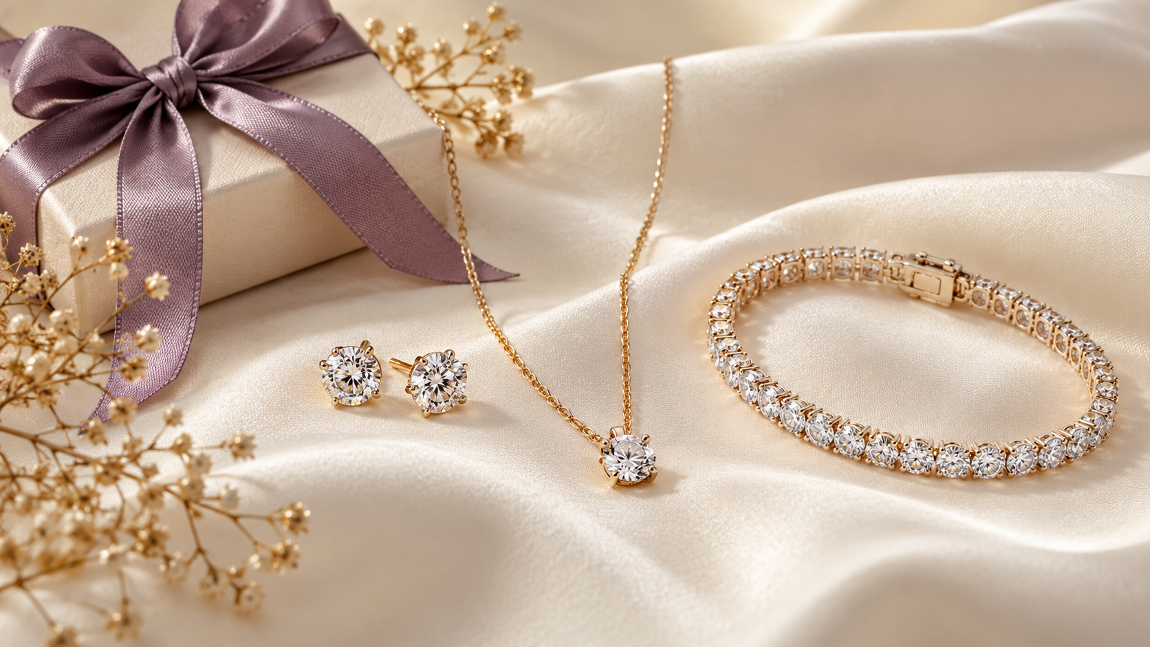 Diamond stud earrings, pendant and tennis bracelet arranged with a wrapped gift