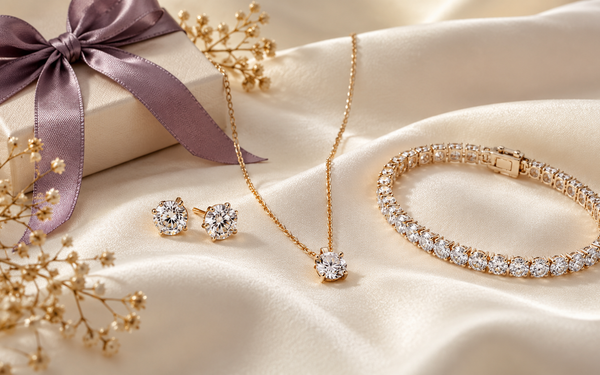Diamond stud earrings, pendant and tennis bracelet arranged with a wrapped gift