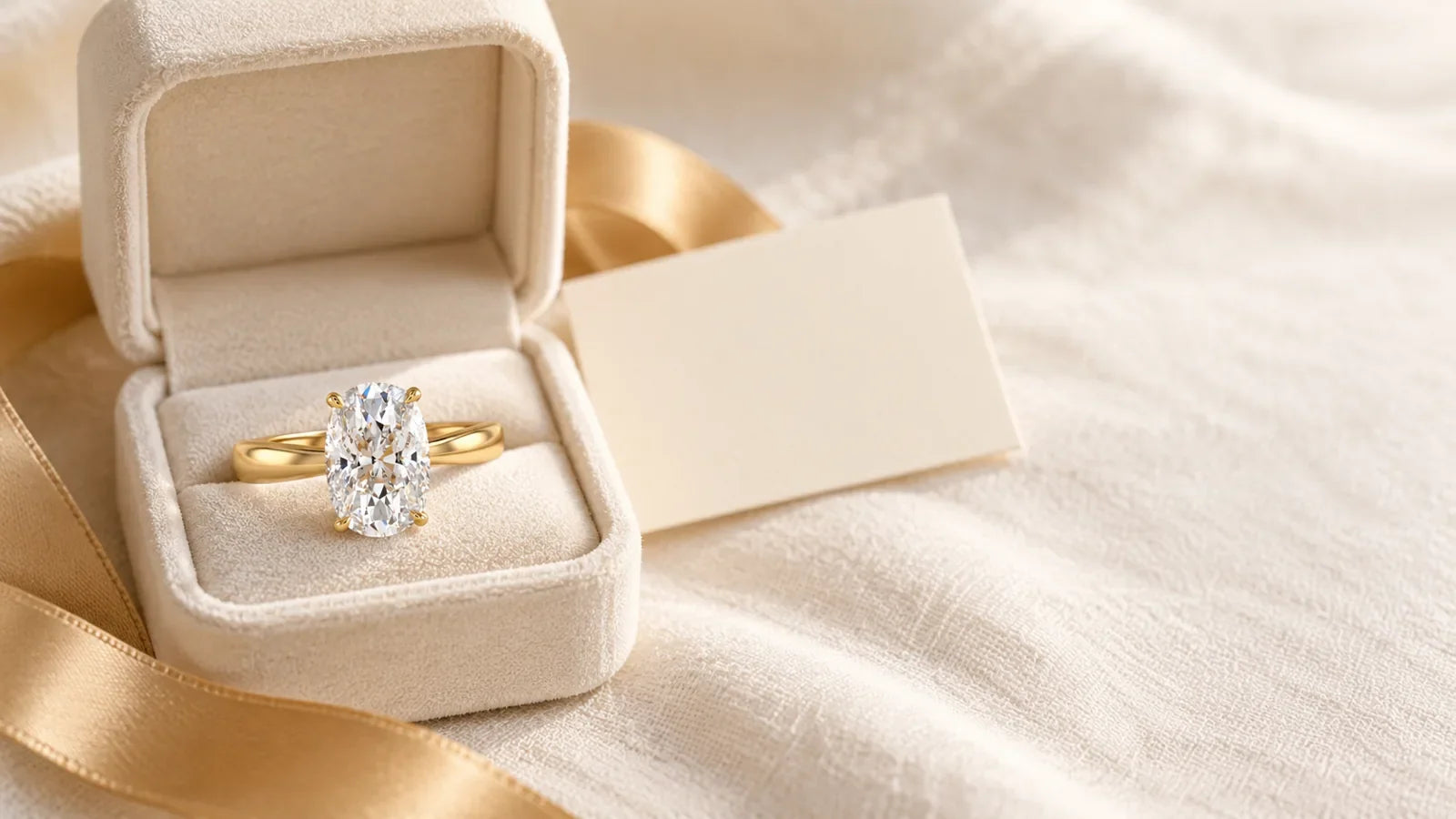 Lab-grown diamond engagement ring in an open ring box with a small gift card