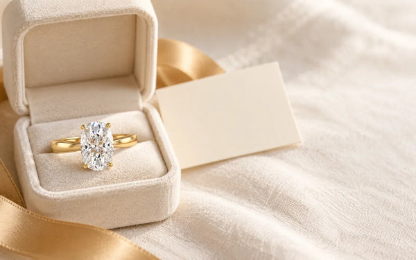 Lab-grown diamond engagement ring in an open ring box with a small gift card