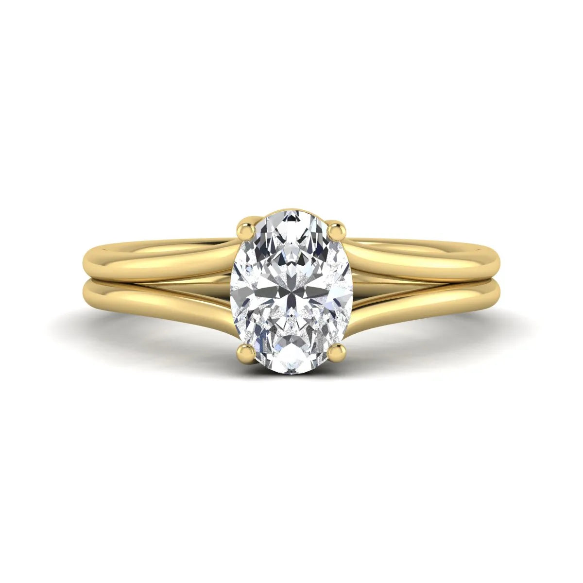 Oval lab-grown diamond split shank engagement ring in yellow gold