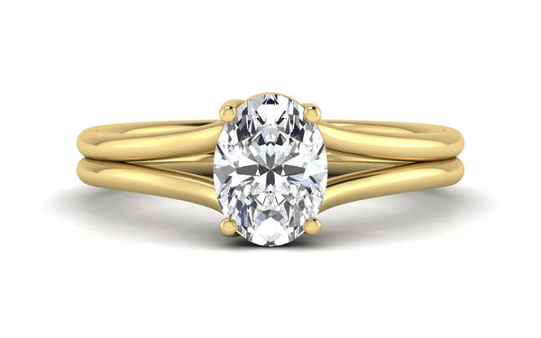 Oval lab-grown diamond split shank engagement ring in yellow gold
