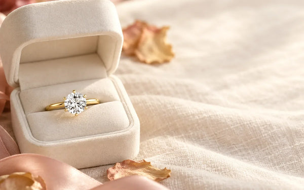 Lab-grown diamond solitaire engagement ring in an open ivory ring box with a pink satin ribbon