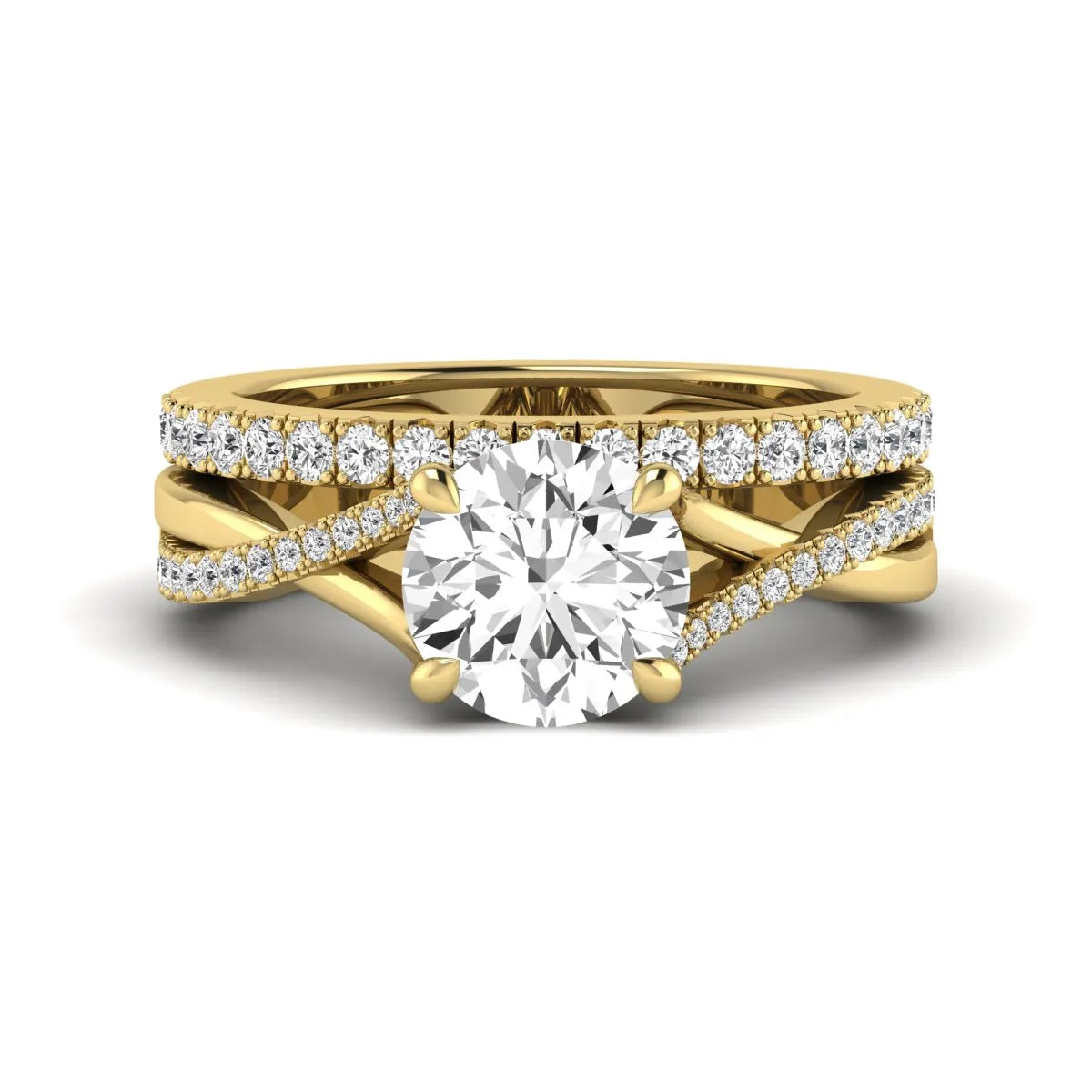 Round lab-grown diamond twisted shank bridal ring set in yellow gold