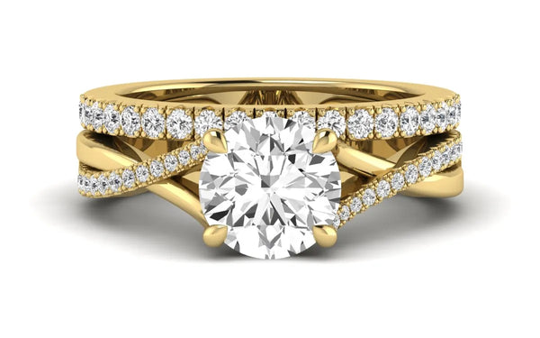 Round lab-grown diamond twisted shank bridal ring set in yellow gold