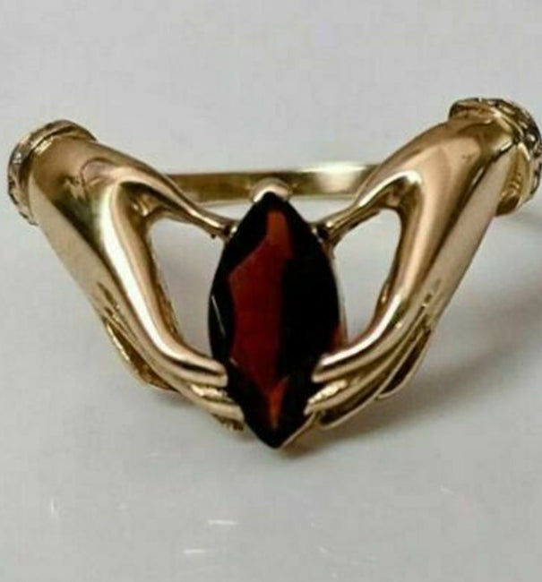 Garnet Marquise Cut Diamond Hand Holding Stone Ring For Women's