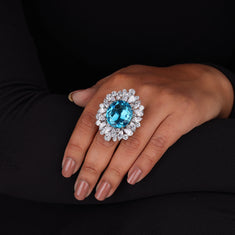 Large Blue CZ Halo Cocktail Statement Ring - alternate view
