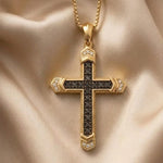 14K Yellow Gold Black Moissanite Cross Pendant Necklace