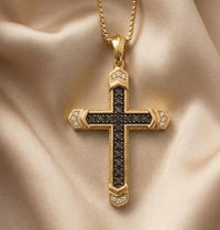 14K Yellow Gold Black Moissanite Cross Pendant Necklace