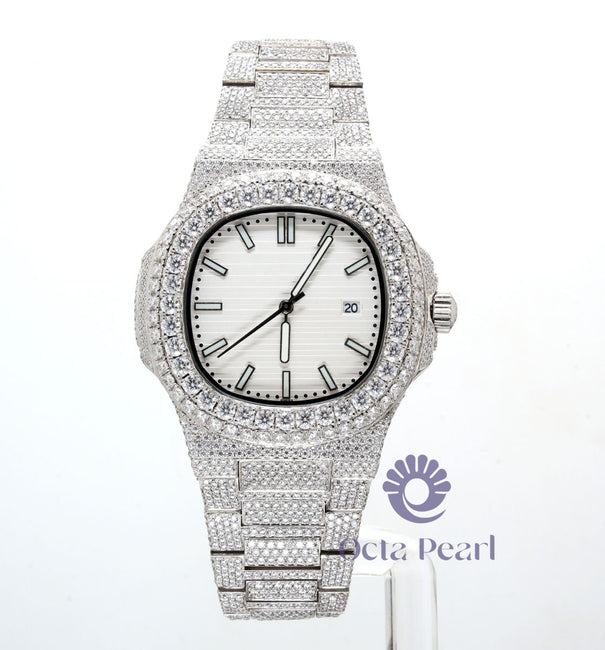 Automatic Movement Round Moissanite White Dial Watch For Men