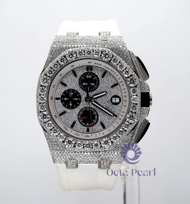 Luxury Look Chronograph White Rubber Strap Watch With Round Moissanite