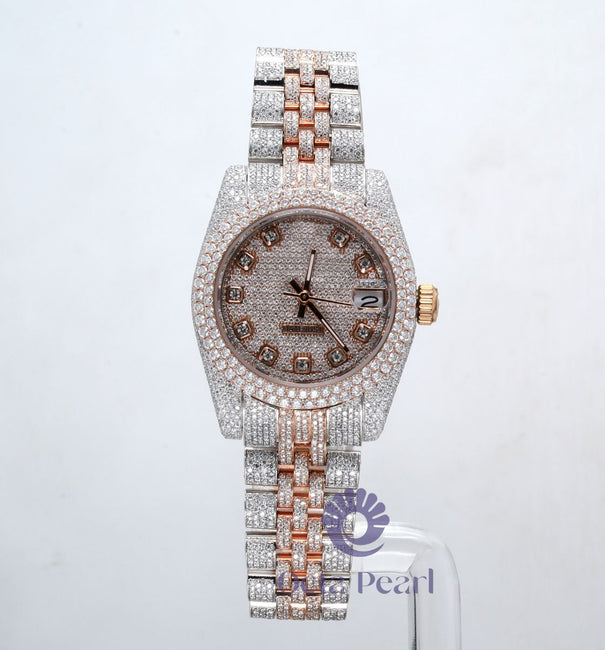 Round Moissanite Stainless Steel Datejust Women's Wrist Watch