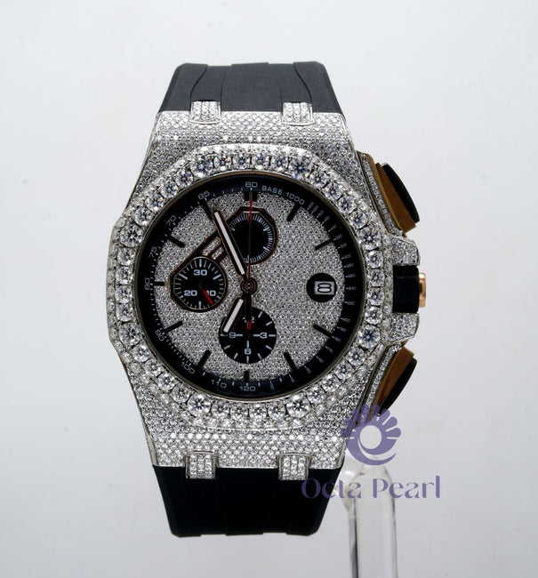 Automatic With Chrono Working Black Rubber Strap Moissanite Watch