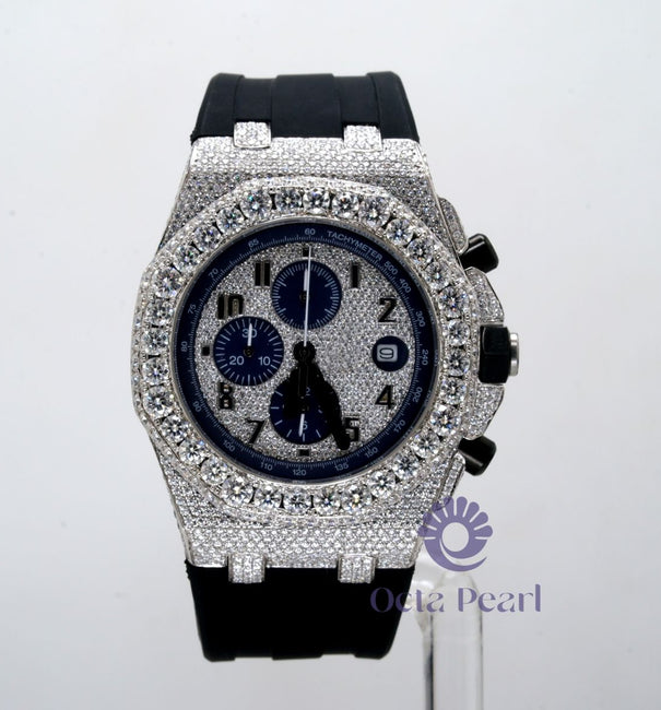 Round Moissanite Tachymeter & Chronograph Function Black Rubber Strap Watch