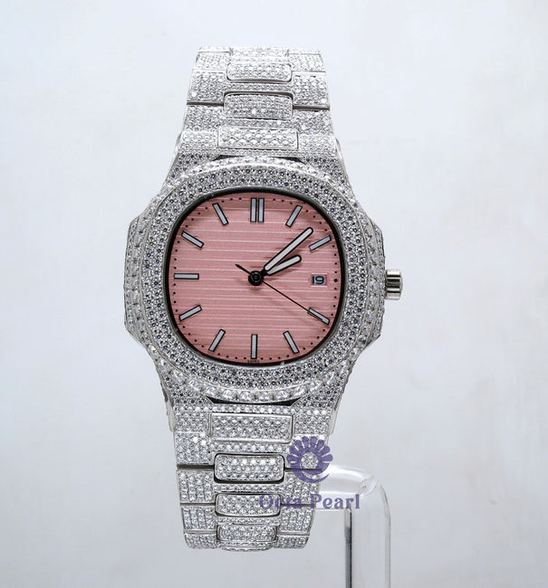 Iced Out Round Moissanite Automatic Mechanical Watch For Men