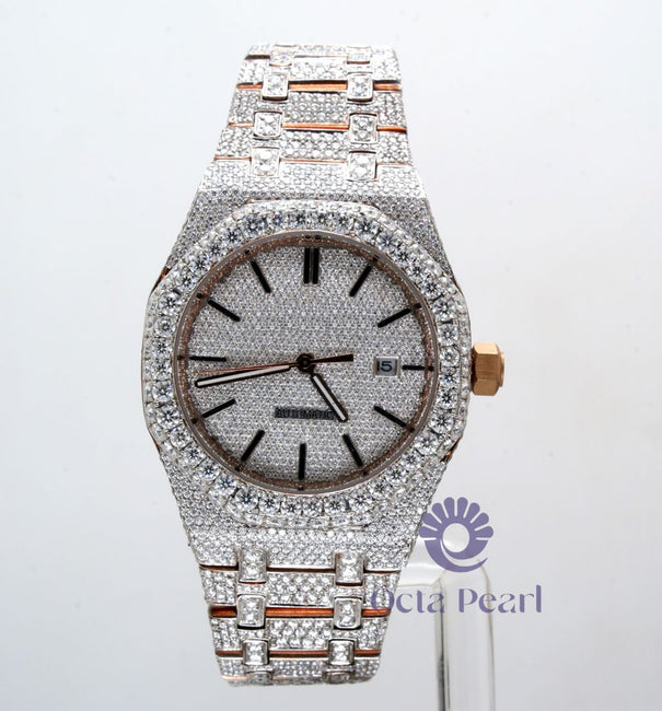 Round Moissanite Studded Automatic Stainless Steel Hip Hop Watch