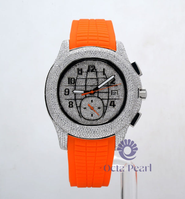 Round Moissanite Quartz Movement Orange Rubber Strap Men's Sport Watch