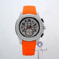 Round Moissanite Quartz Movement Orange Rubber Strap Men's Sport Watch