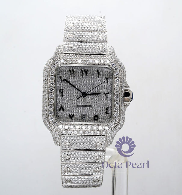 Sparkling Moissanite Arabic Number Square Dial Stainless Steel Iced Out Watch