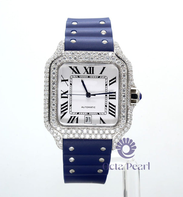 White Dial Round VVS Moissanite Bezel Watch With Blue Rubber Strap