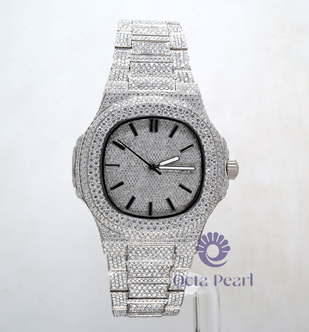 Iced-Out Round White Moissanite Quartz Analog Bracelet Wrist Watch