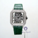 Round Moissanite Skeleton Automatic Mechanical Stainless Steel Green Leather Strap Watch