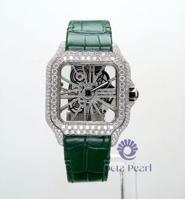 Round Moissanite Skeleton Automatic Mechanical Stainless Steel Green Leather Strap Watch