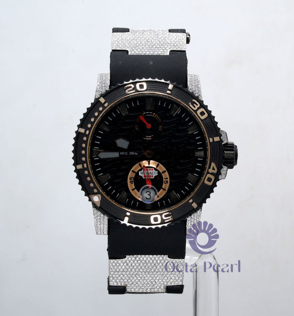 Round Moissanite Chronometer Black Rubber Strap Men's Wrist watch