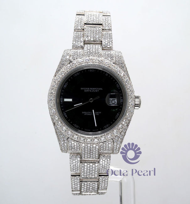 Iced Out Black Dial Round Moissanite Date Just Watch For Women