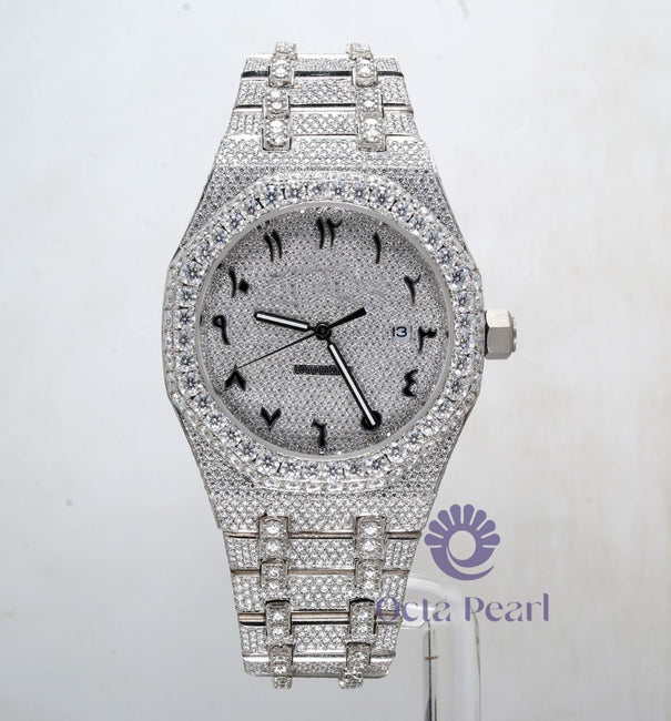 Luxuries Iced Out Round Moissanite Arabic Numericals Automatic Watch For Men