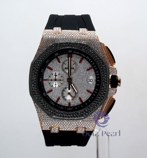 Black & White Round Moissanite Black Silicone Strap Bustdown Watch