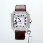 Round Moissanite Casual Wear Brown Leather Strap Watch