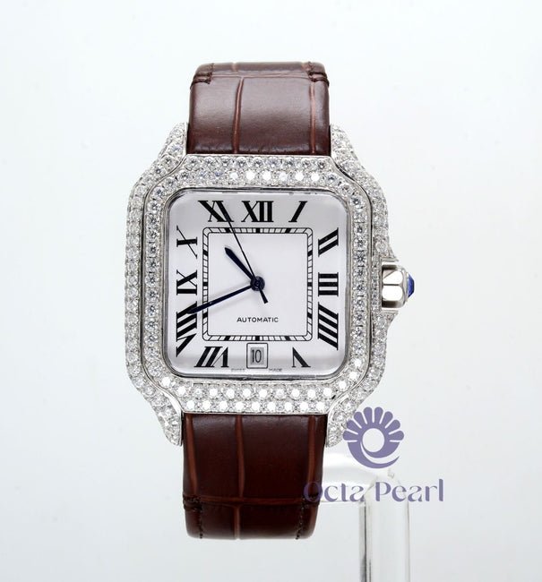 Round Moissanite Casual Wear Brown Leather Strap Watch