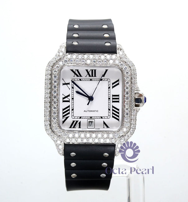 Black Rubber Belt Round Moissanite Watch For Daily Wear