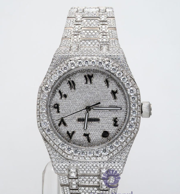 Luxurious Ice Out Round White Moissanite Arabic Dial Hip Hop Watch