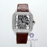 Round Moissanite Automatic Mechanical Skeleton Dial Brown Leather Strap Watch