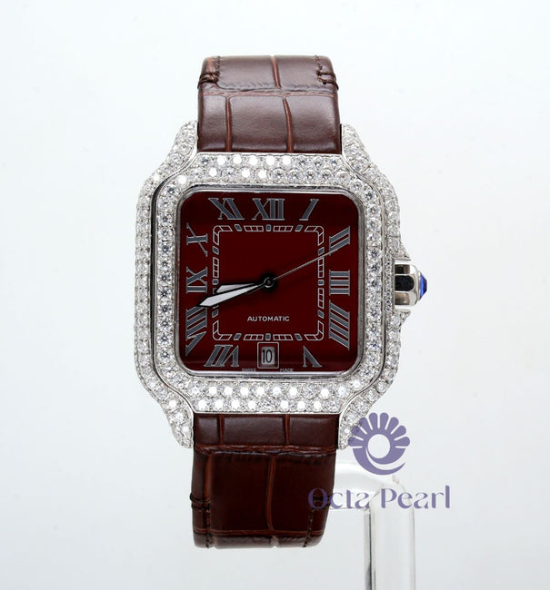 Square Dial Round Moissanite Casual Wear Leather Strap Watch