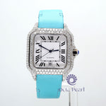 Round Moissanite Automatic Movement White Dial Casual Wear Leather Strap Watch