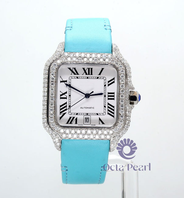 Round Moissanite Automatic Movement White Dial Casual Wear Leather Strap Watch