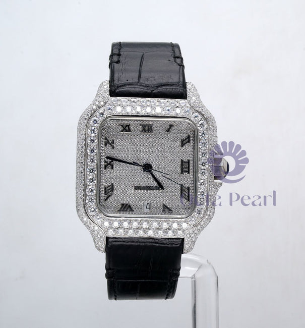 Leather Strap Iced Out VVS Studded Round Moissanite Watch