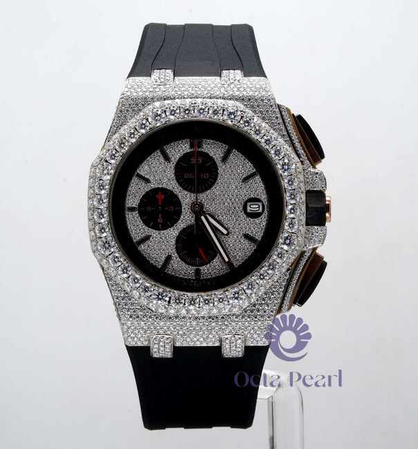 White Round Moissanite Chronograph Black Rubber Strap Watch