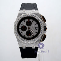 White Round Moissanite Chronograph Black Rubber Strap Watch