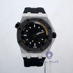 Fabulous Black & White Round Moissanite Black Rubber Strap Watch