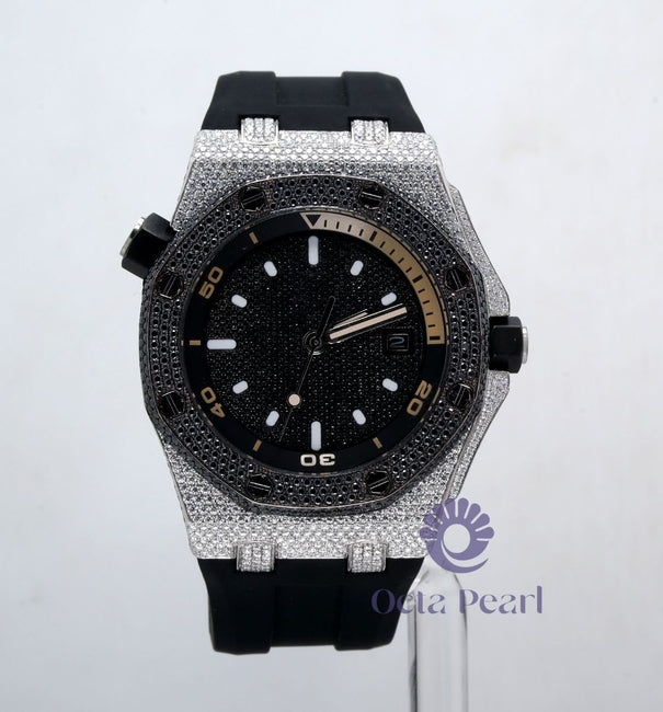 Fabulous Black & White Round Moissanite Black Rubber Strap Watch