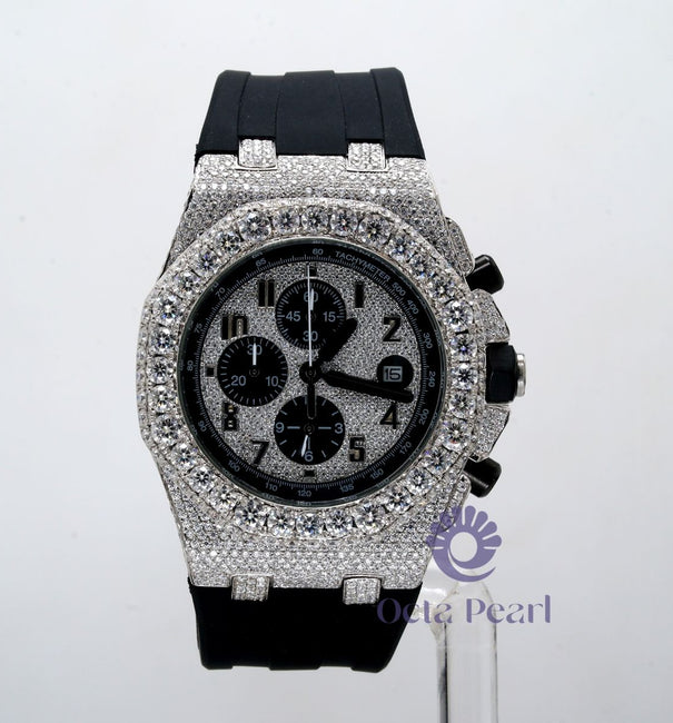 Round Moissanite Chronograph Black Color Silicone Strap Watch