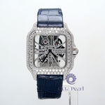 Round Moissanite Skeleton Dial Automatic Movement Blue Leather Strap Watch