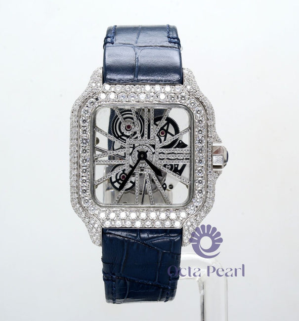 Round Moissanite Skeleton Dial Automatic Movement Blue Leather Strap Watch