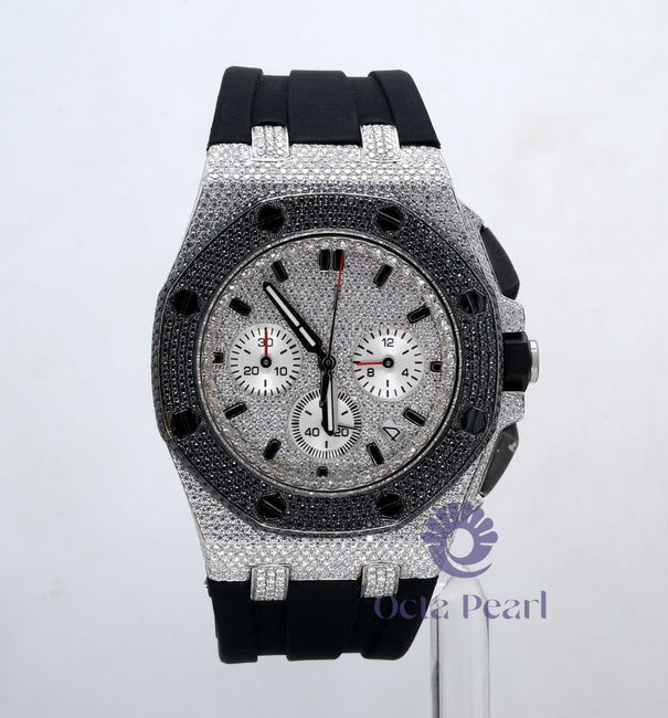 Black Strap Chronograph Automatic Dial Watch With Round Moissanite