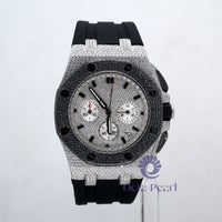 Black Strap Chronograph Automatic Dial Watch With Round Moissanite